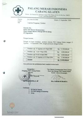 Surat dari PMI Cabang Klaten kepada Tim Operasi Kemanusiaan Pasca Gempa Bumi dan Merapi DIY dan J...