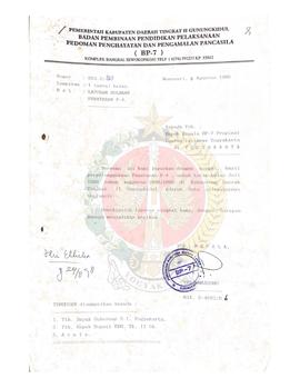 Surat dari  Pelaksana Harian Kepala BP-7 Kabupataen Gunung Kidul kepada Kepala BP-7 Provinsi Daer...