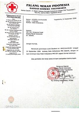 Surat tentang data barang tanggal/data ambulan 14 dan 25 September 2006 ditujukan kepada Pengurus...