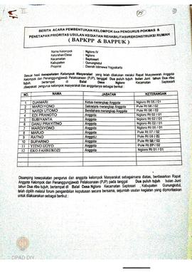 Berita Acara Pembentukan Kelompok dan Pengurus Kelompok Masyarakat dan Penetapan Prioritas Usulan...