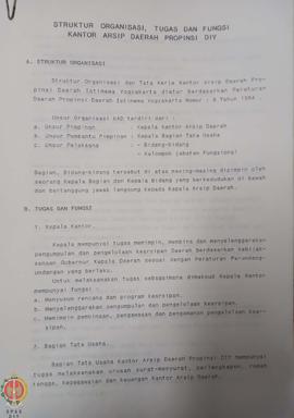 Struktur organisasi, tugas, fungsi, dan tata kerja Kantor Arsip Daerah / KAD Provinsi Daerah Isti...