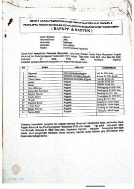 Berita Acara Pembentukan Kelompok dan Pengurus Kelompok Masyarakat dan Penetapan Prioritas Usulan...