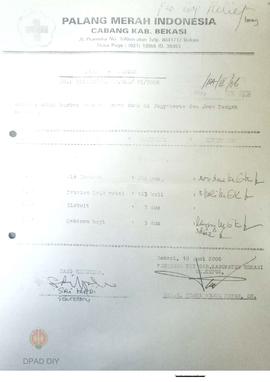 Tanda terima bantuan dari PMI cabang Kabupaten Bekasi untuk korban bencana gempa bumi di Yogyakar...