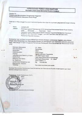 Permohonan Pembayaran Bantuan Rehabilitasi dan Rekonstruksi Rumah, Kelompok Masyarakat Galur 2I s...