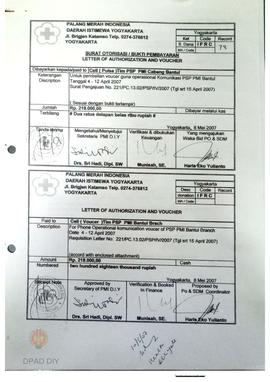 Surat otorisasi pembayaran pembelian voucher guna operasional Tim PSP PMI Bantul periode 4 April ...