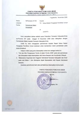 Surat dari Panwaslu Provinsi DIY kepada Ketua  Bawaslu Jakarta perihal permohonan materi pembekal...