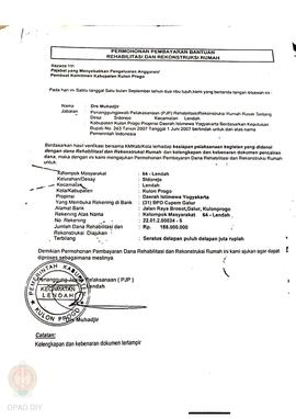 Permohonan Pembayaran Bantuan Rehabilitasi dan Rekonstruksi Rumah, Kelompok Masyarakat Lendah 64,...