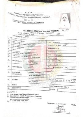 Data Peserta Penataran P-4 Pola Pendukung 45 jam bagi Organisasi Masyarakat Daerah Istimewa Yogya...