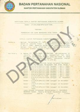 Surat Keputusan Kepala Kantor Wilayah Badan Pertanahan Nasional Provinsi DIY. No: 27/ SK/ HGB/  B...