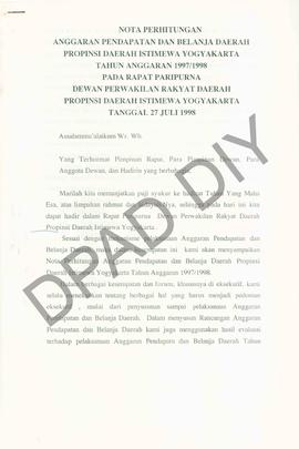 Nota Perhitungan Anggaran Pendapan dan Belanja Dearah Propinsi DIY Tahun Anggaran 1997/1998 pada ...