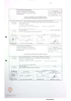 Surat otorisasi / bukti pembayaran untuk membayaran untuk biaya servis 2 unit mobil ambulan fisio...