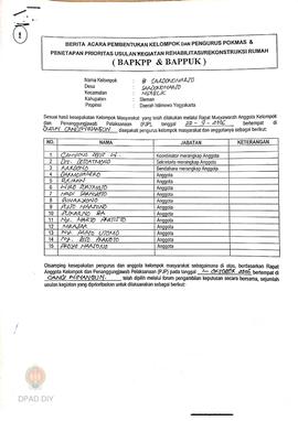 Berita Acara Pembentukan Kelompok dan Pengurus Pokmas dan Penetapan Prioritas Usulan Kegiatan Reh...