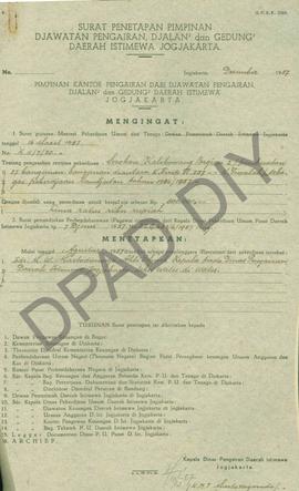 Surat Penetapan Pimpinan Jawatan Pengairan, Jalan dan Gedung DIY untuk otorisasi tanggal 16 Maret...