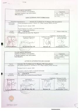 Suurat otorisasi/bukti pembayaran untuk pembayaran perdiem relawan CB, Village Mapping, Meida Inf...