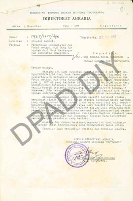 Surat Kepala Direktorat Agraria Propinsi DIY kepada Sri Paduka Wakil Gubernur Kepala Daerah DIY t...