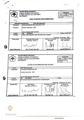 Surat otorisasi / bukti pembayaran untuk pembayaran biaya operasional PSP periode September 2007.