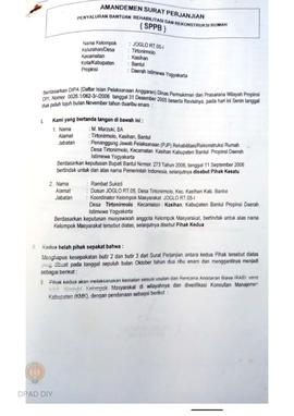 Amandemen Surat Perjanjian Penyaluran Bantuan Rehabilitasi dan Rekonstruksi Rumah (SPPB), Nama Ke...