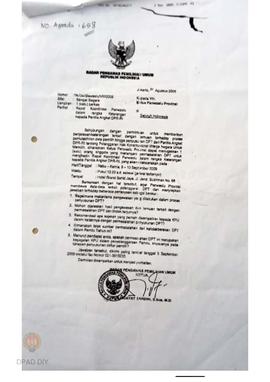 Undangan dari Badan Pengawas Pemilihan Umum RI No : 134/Und.Bawaslu/VIII/2009, perihal Rapat Koor...