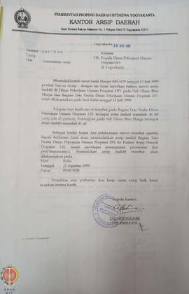 Surat dari Kepala Kantor Arsip Daerah kepada Kepala Kantor Dinas Pekerjaan Umum dan Inspektur Wil...