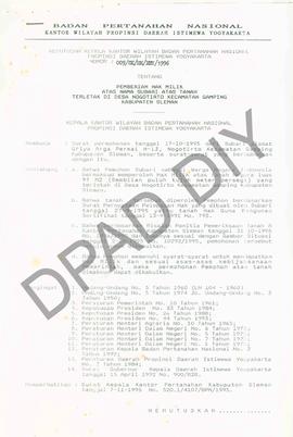 Surat Keputusan Kepala   Kantor Wilayah Badan Pertanahan Nasional Provinsi DIY No : 009 /SK / HM ...