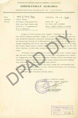 Surat Kepala Direktorat Agraria Propinsi DIY kepada Sri Paduka Wakil Gubernur Kepala Daerah DIY t...
