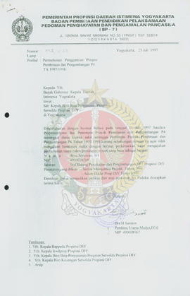 Surat dari Kepala BP-7 Provinsi Daerah Istimewa Yogyakarta kepada Gubernur Kepala Daerah Istimewa...