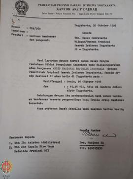 Surat dari Kepala Kantor Arsip Daerah kepada Sekretaris Wilayah / Daerah Provinsi Daerah Istimewa...