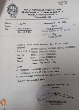 Berkas surat dari Sekretaris Dewan Perwakilan Rakyat Daerah atas nama Pimpinan Dewan Perwakilan R...